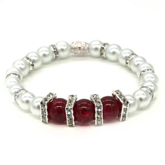 My Bead Emporium Jewelry - Bracelet Pearls and Red Crackled Beads Stretch. OS.